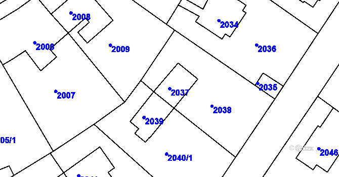 Parcela st. 2037 v KÚ Roztoky u Prahy, Katastrální mapa