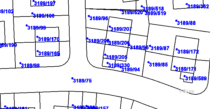 Parcela st. 3189/205 v KÚ Žalov, Katastrální mapa
