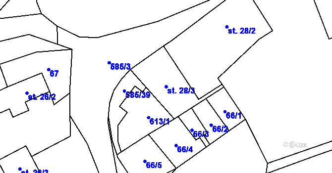Parcela st. 28/3 v KÚ Roztoky u Křivoklátu, Katastrální mapa
