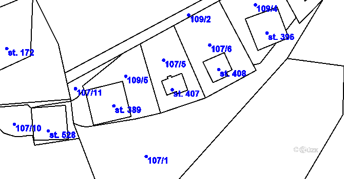 Parcela st. 407 v KÚ Roztoky u Křivoklátu, Katastrální mapa