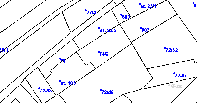 Parcela st. 74/2 v KÚ Roztoky u Křivoklátu, Katastrální mapa
