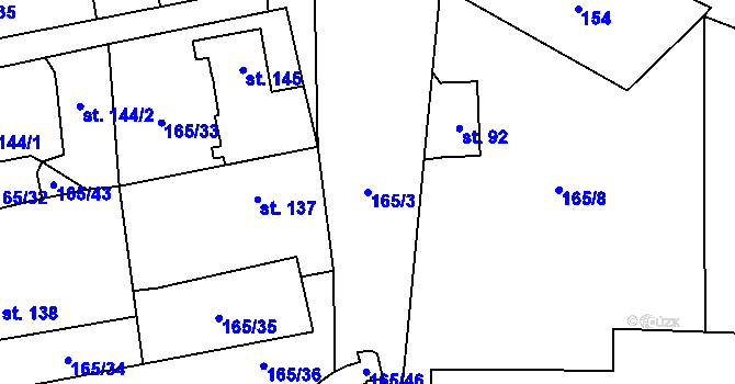 Parcela st. 165/3 v KÚ Roztoky u Křivoklátu, Katastrální mapa