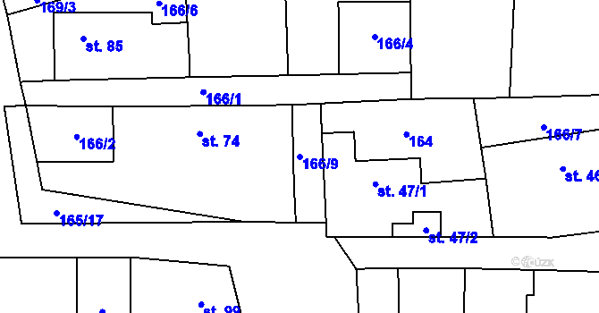 Parcela st. 166/9 v KÚ Roztoky u Křivoklátu, Katastrální mapa