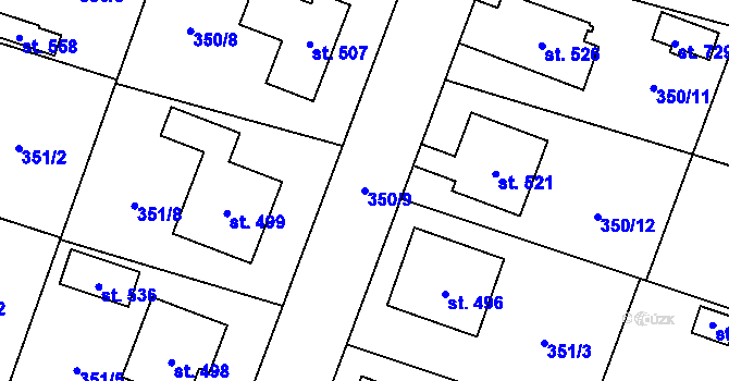 Parcela st. 350/9 v KÚ Rožďalovice, Katastrální mapa