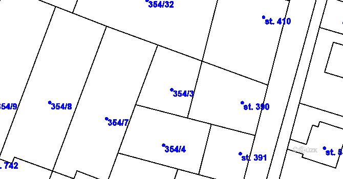 Parcela st. 354/3 v KÚ Rožďalovice, Katastrální mapa