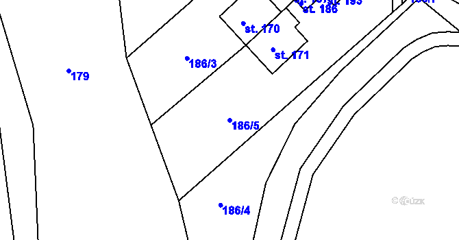 Parcela st. 186/5 v KÚ Hněvanov, Katastrální mapa