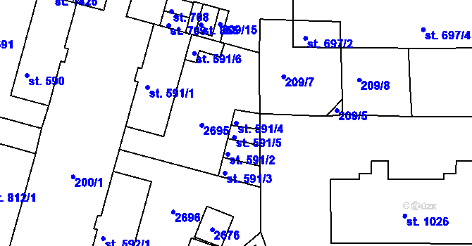 Parcela st. 591/4 v KÚ Rožmitál pod Třemšínem, Katastrální mapa