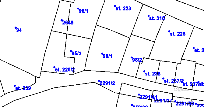 Parcela st. 98/1 v KÚ Rožmitál pod Třemšínem, Katastrální mapa