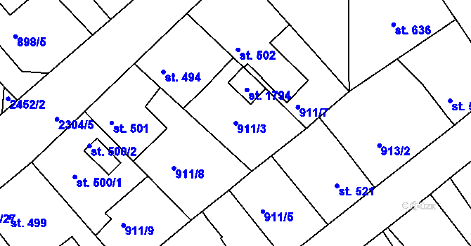 Parcela st. 911/3 v KÚ Rožmitál pod Třemšínem, Katastrální mapa