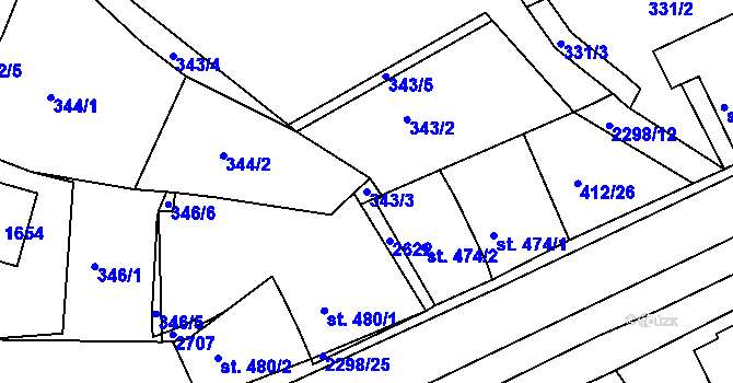 Parcela st. 343/3 v KÚ Rožmitál pod Třemšínem, Katastrální mapa