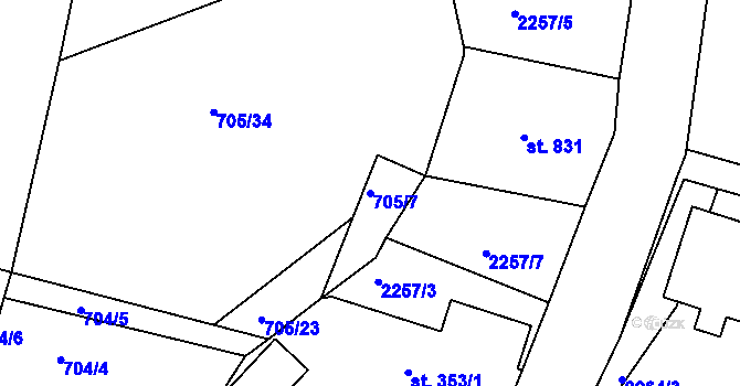 Parcela st. 705/7 v KÚ Starý Rožmitál, Katastrální mapa