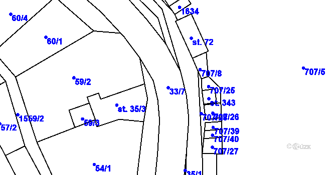 Parcela st. 33/7 v KÚ Rožná, Katastrální mapa
