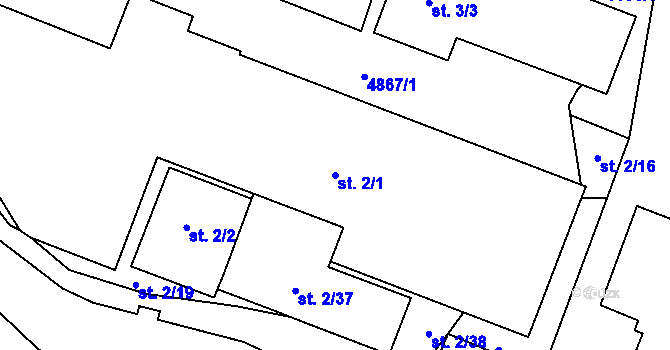Parcela st. 2/1 v KÚ Rožnov pod Radhoštěm, Katastrální mapa