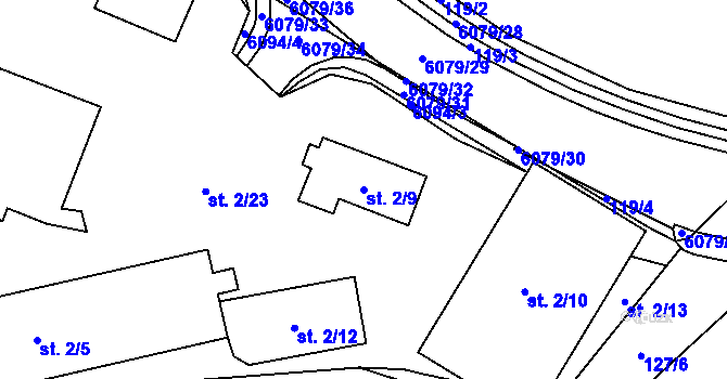 Parcela st. 2/9 v KÚ Rožnov pod Radhoštěm, Katastrální mapa