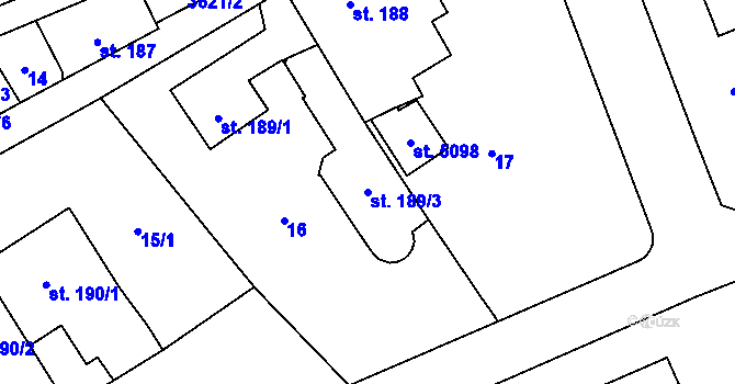Parcela st. 189/3 v KÚ Rožnov pod Radhoštěm, Katastrální mapa