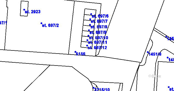 Parcela st. 697/12 v KÚ Rožnov pod Radhoštěm, Katastrální mapa