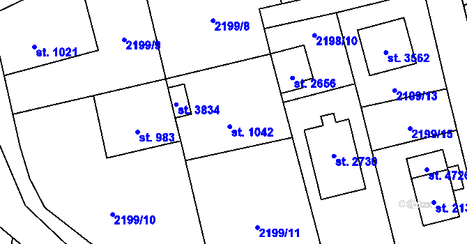 Parcela st. 1042 v KÚ Rožnov pod Radhoštěm, Katastrální mapa