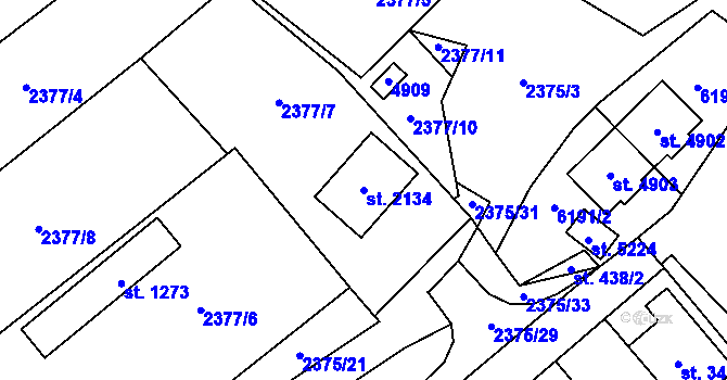Parcela st. 2134 v KÚ Rožnov pod Radhoštěm, Katastrální mapa