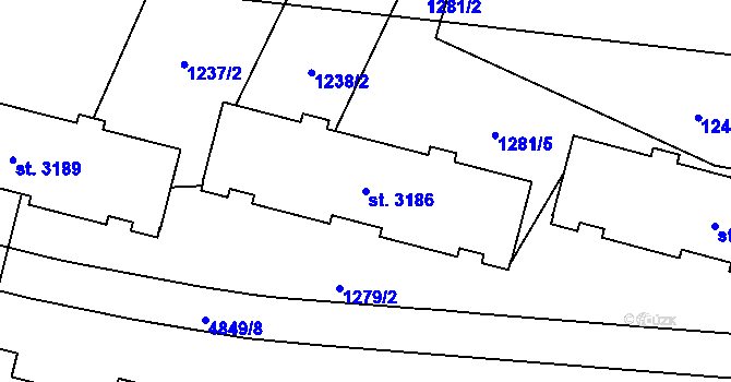 Parcela st. 3186 v KÚ Rožnov pod Radhoštěm, Katastrální mapa