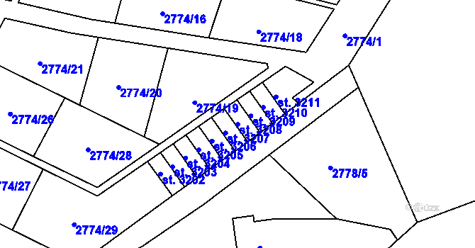 Parcela st. 3208 v KÚ Rožnov pod Radhoštěm, Katastrální mapa
