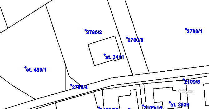 Parcela st. 3411 v KÚ Rožnov pod Radhoštěm, Katastrální mapa