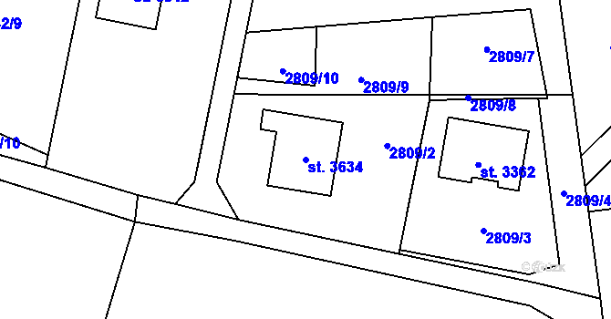 Parcela st. 3634 v KÚ Rožnov pod Radhoštěm, Katastrální mapa