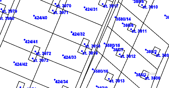 Parcela st. 3818 v KÚ Rožnov pod Radhoštěm, Katastrální mapa