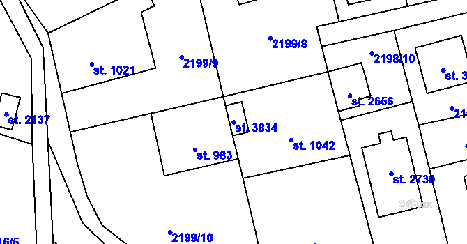Parcela st. 3834 v KÚ Rožnov pod Radhoštěm, Katastrální mapa