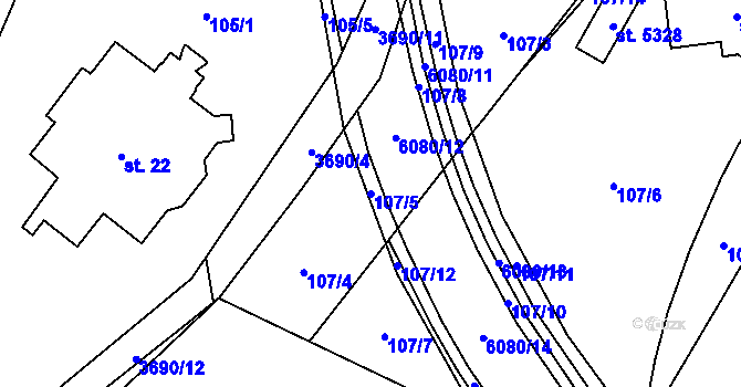 Parcela st. 107/5 v KÚ Rožnov pod Radhoštěm, Katastrální mapa