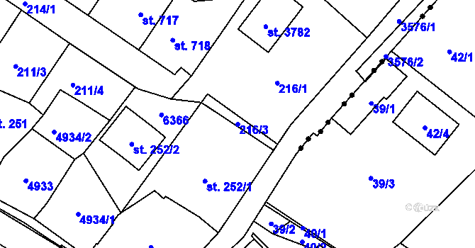 Parcela st. 216/3 v KÚ Rožnov pod Radhoštěm, Katastrální mapa