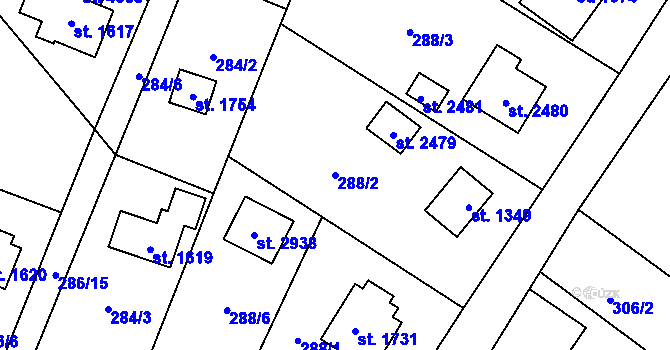 Parcela st. 288/2 v KÚ Rožnov pod Radhoštěm, Katastrální mapa