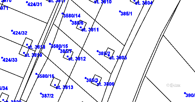 Parcela st. 385/2 v KÚ Rožnov pod Radhoštěm, Katastrální mapa