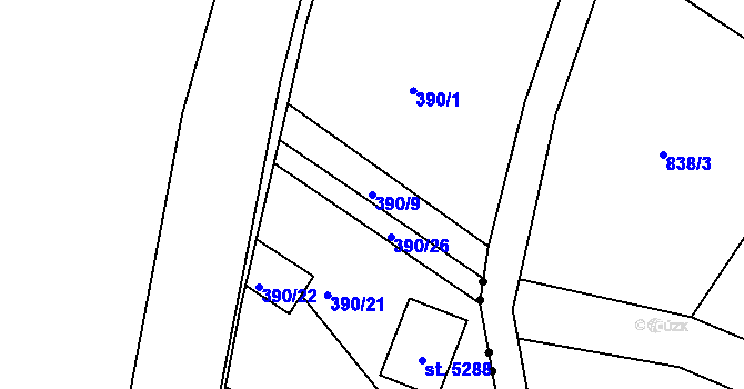 Parcela st. 390/9 v KÚ Rožnov pod Radhoštěm, Katastrální mapa