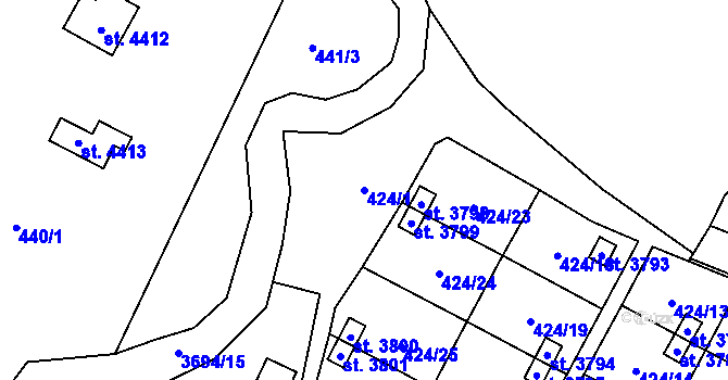 Parcela st. 424/1 v KÚ Rožnov pod Radhoštěm, Katastrální mapa