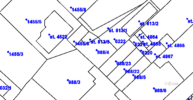 Parcela st. 988/4 v KÚ Rožnov pod Radhoštěm, Katastrální mapa