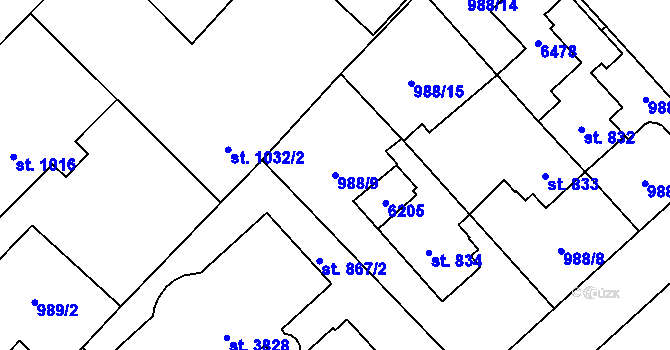 Parcela st. 988/9 v KÚ Rožnov pod Radhoštěm, Katastrální mapa