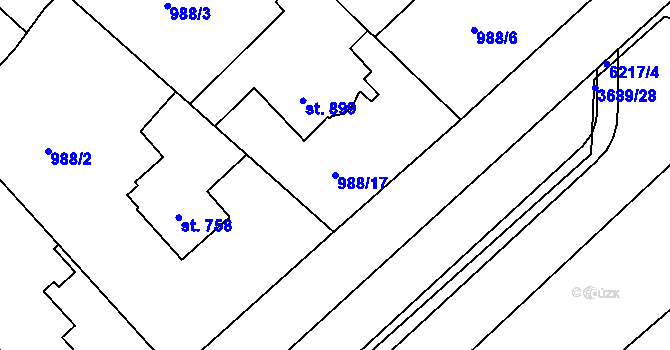 Parcela st. 988/17 v KÚ Rožnov pod Radhoštěm, Katastrální mapa
