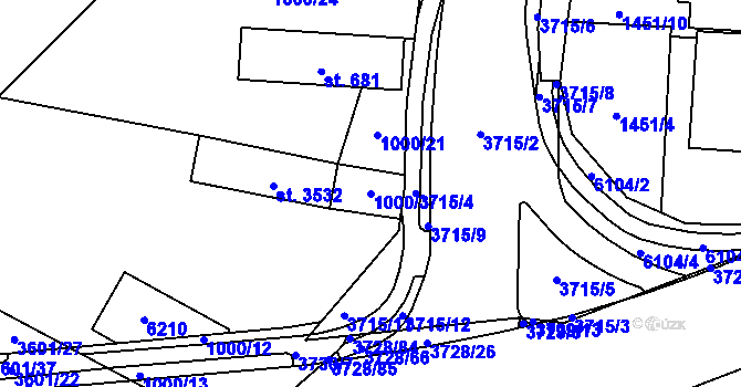 Parcela st. 1000/3 v KÚ Rožnov pod Radhoštěm, Katastrální mapa