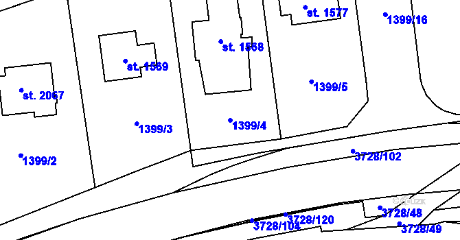 Parcela st. 1399/4 v KÚ Rožnov pod Radhoštěm, Katastrální mapa