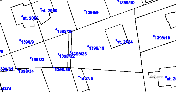 Parcela st. 1399/19 v KÚ Rožnov pod Radhoštěm, Katastrální mapa