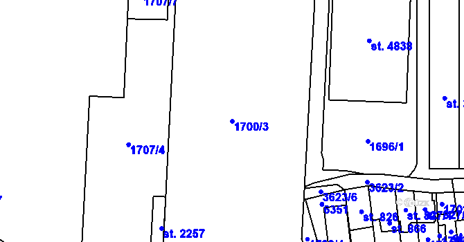 Parcela st. 1700/3 v KÚ Rožnov pod Radhoštěm, Katastrální mapa