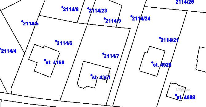 Parcela st. 2114/7 v KÚ Rožnov pod Radhoštěm, Katastrální mapa