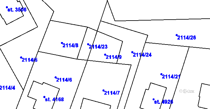 Parcela st. 2114/9 v KÚ Rožnov pod Radhoštěm, Katastrální mapa
