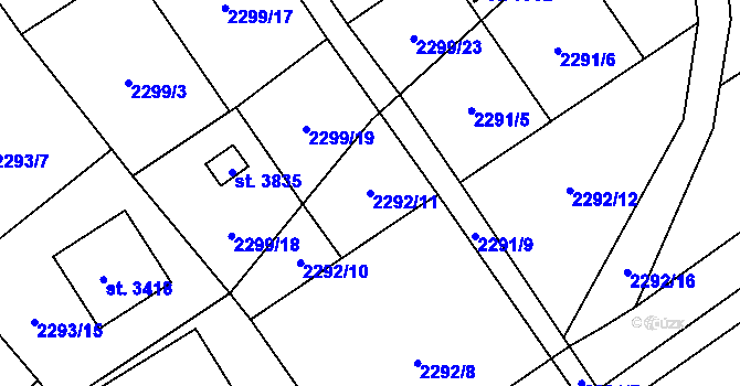 Parcela st. 2292/11 v KÚ Rožnov pod Radhoštěm, Katastrální mapa