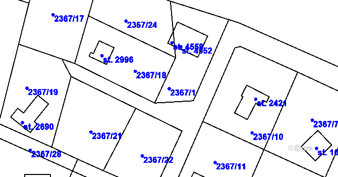 Parcela st. 2367/1 v KÚ Rožnov pod Radhoštěm, Katastrální mapa