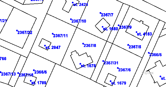 Parcela st. 2367/8 v KÚ Rožnov pod Radhoštěm, Katastrální mapa