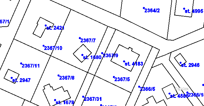 Parcela st. 2367/9 v KÚ Rožnov pod Radhoštěm, Katastrální mapa