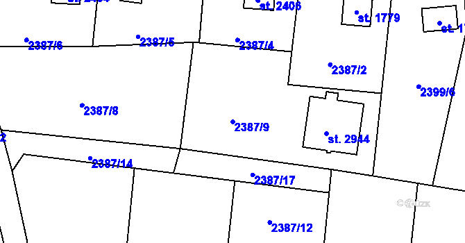 Parcela st. 2387/9 v KÚ Rožnov pod Radhoštěm, Katastrální mapa