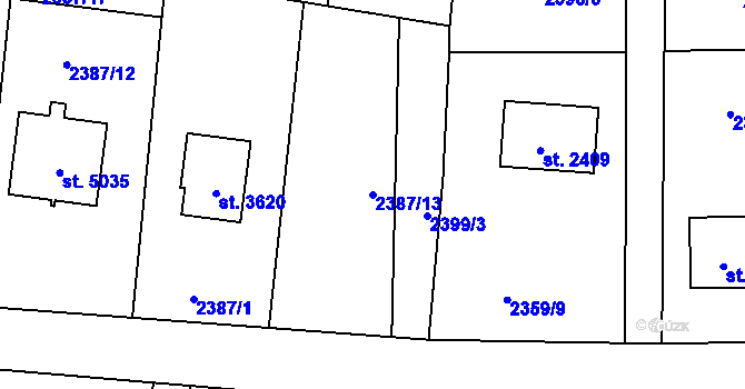 Parcela st. 2387/13 v KÚ Rožnov pod Radhoštěm, Katastrální mapa