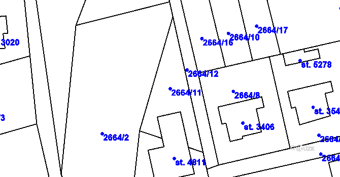 Parcela st. 2664/11 v KÚ Rožnov pod Radhoštěm, Katastrální mapa